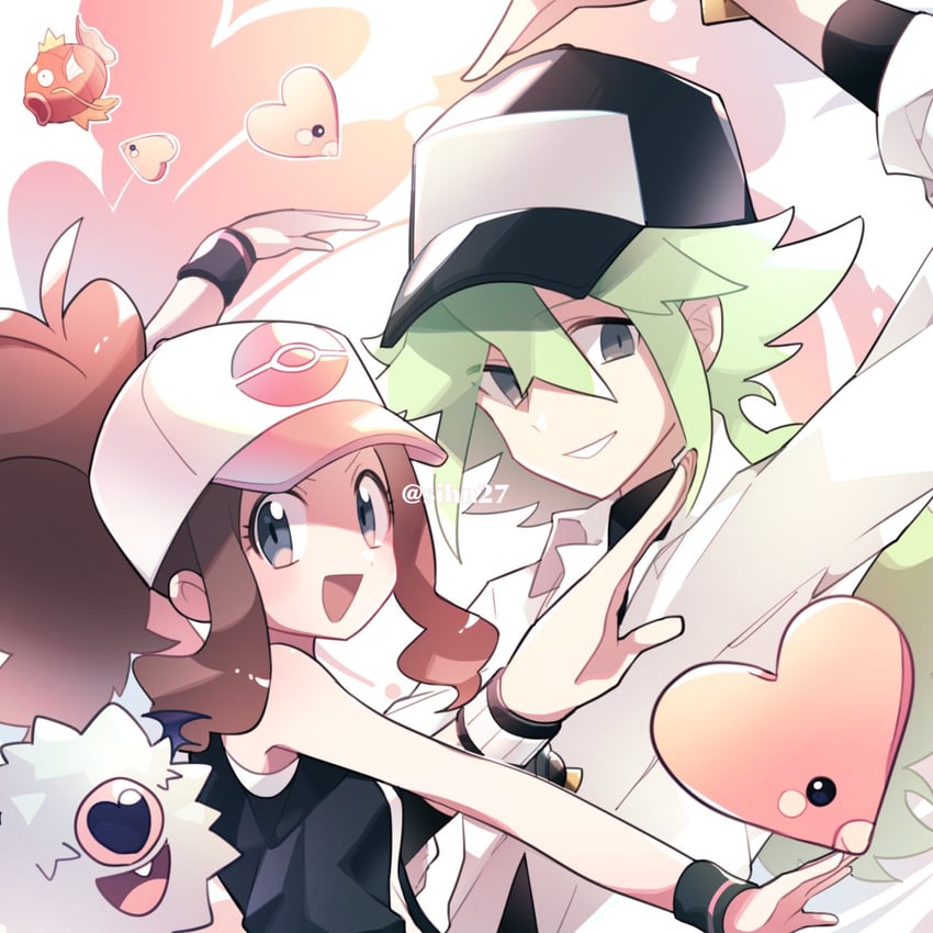 hilda, n, magikarp, luvdisc, and woobat (pokemon and 1 more) drawn by clear_2758