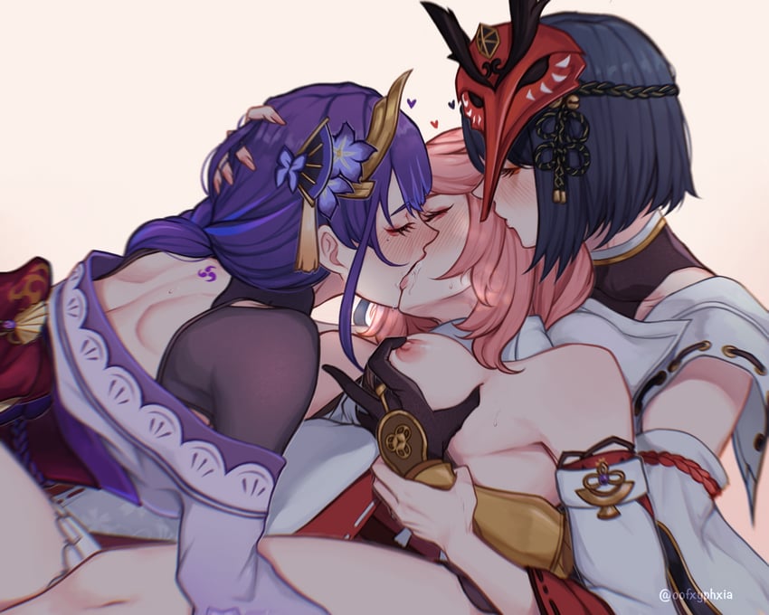 raiden shogun, yae miko, and kujou sara (genshin impact) drawn by oofxyphxia