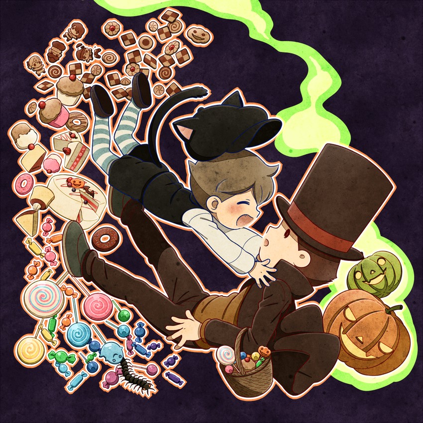 hershel layton, luke triton, future luke, remi altava, flora reinhold, and 1 more (professor layton and 1 more) drawn by gyoniku21