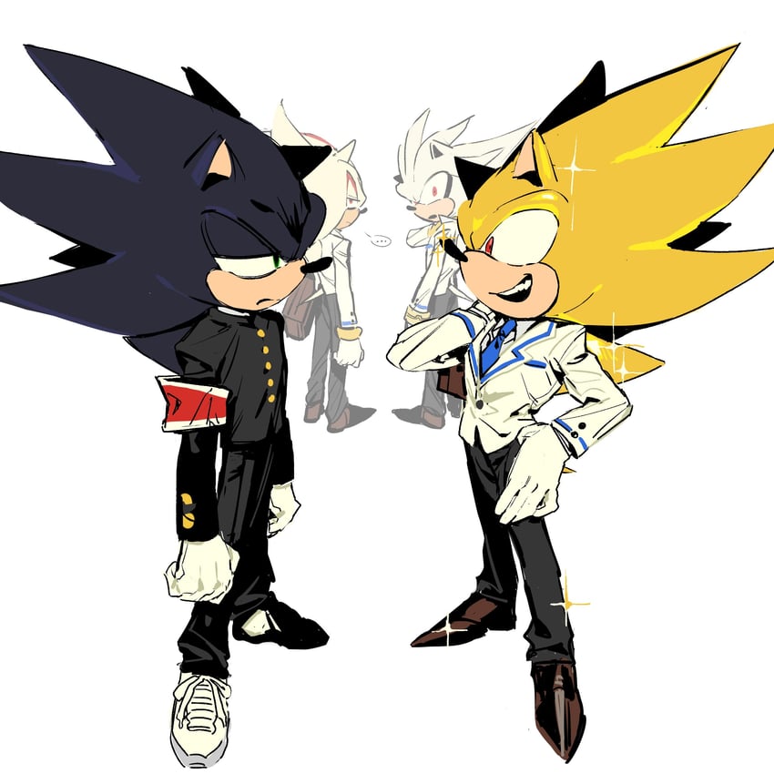 sonic the hedgehog, shadow the hedgehog, silver the hedgehog, super sonic, super shadow, and 2 more (sonic) drawn by diamondx1704