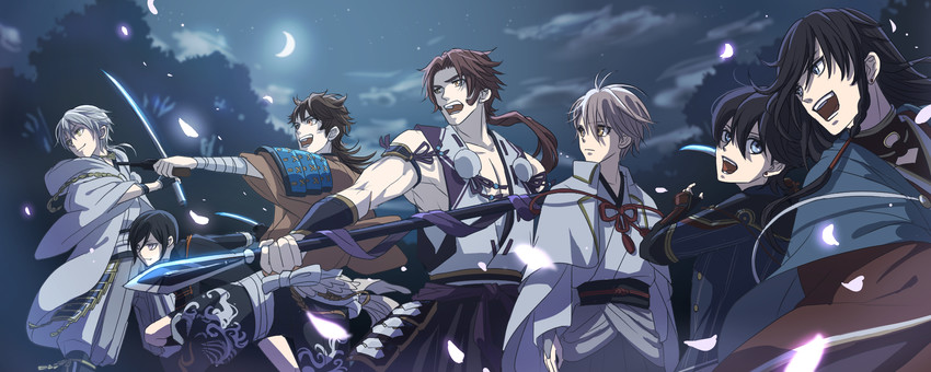 tsurumaru kuninaga, izumi-no-kami kanesada, horikawa kunihiro, yagen toushirou, tonbokiri, and 2 more (touken ranbu and 1 more) drawn by yuuki_(yukko7474)