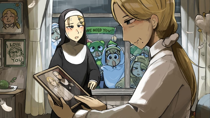 clumsy nun, froggy nun, spicy nun, strict nun, smug nun, and 1 more (little nuns) drawn by diva_(hyxpk)