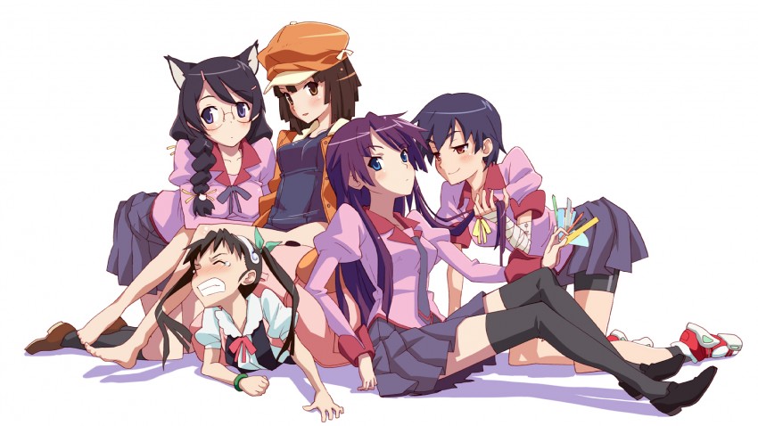 senjougahara hitagi, hanekawa tsubasa, sengoku nadeko, hachikuji mayoi, and kanbaru suruga (monogatari and 2 more) drawn by katochin_(skpresents)
