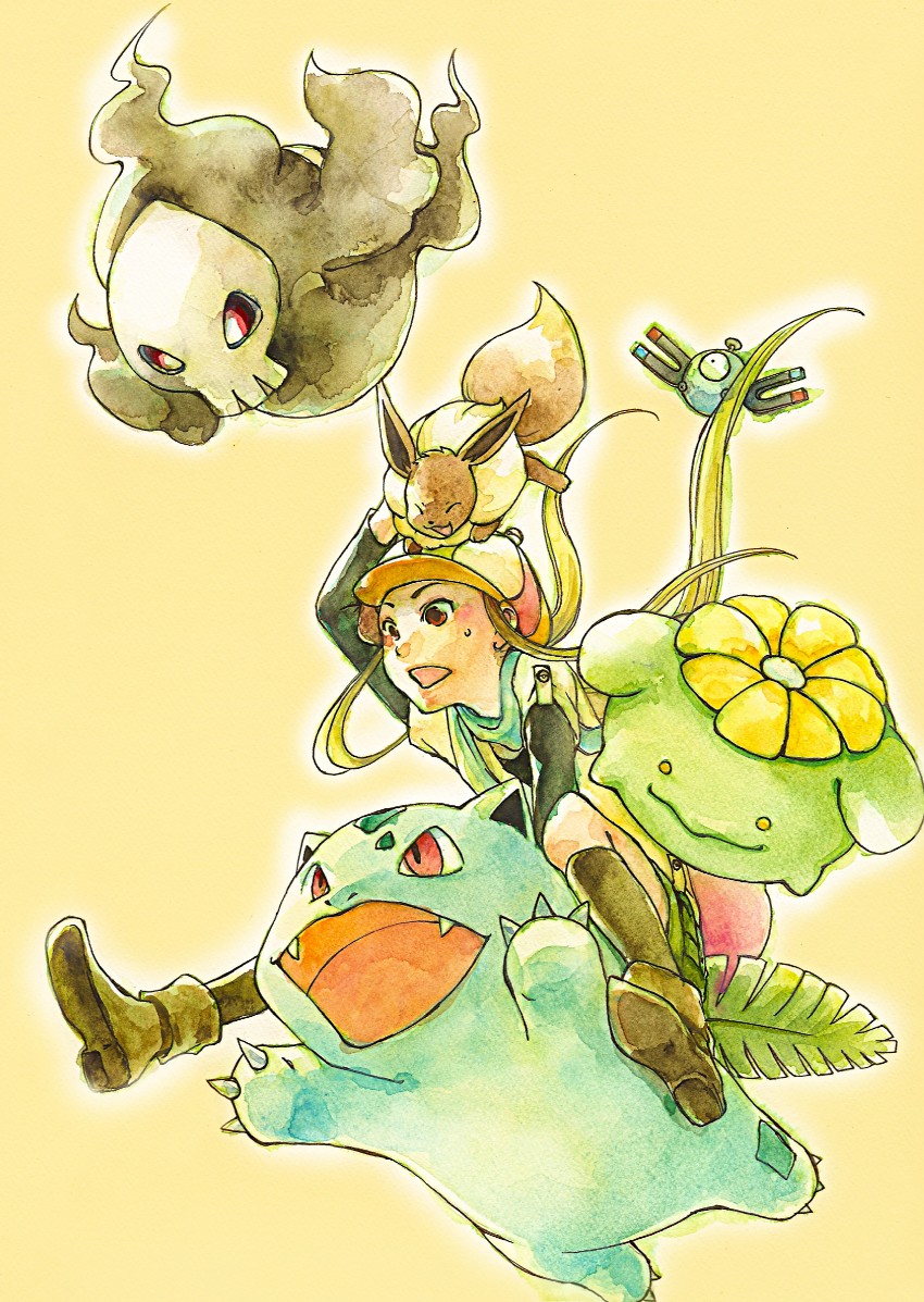 eevee, magnemite, ivysaur, duskull, and skiploom (pokemon) drawn by shou_shishi