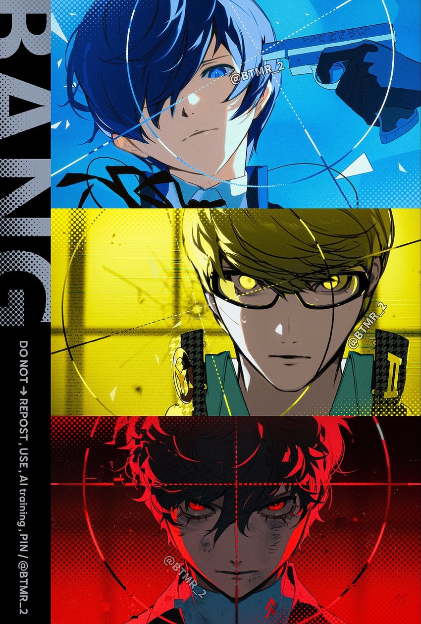 narukami yu, yuuki makoto, and amamiya ren (persona and 4 more) drawn by btmr_game