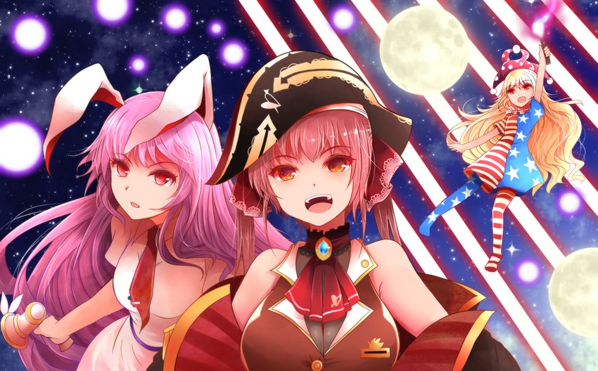 reisen udongein inaba, houshou marine, and clownpiece (touhou and 1 more) drawn by arano_oki
