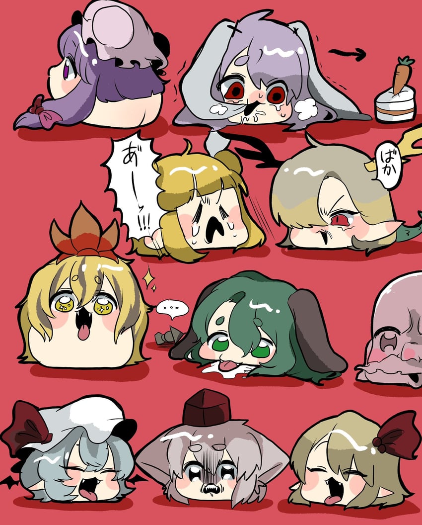remilia scarlet, flandre scarlet, patchouli knowledge, reisen udongein inaba, inubashiri momiji, and 5 more (touhou) drawn by haniwa_kue