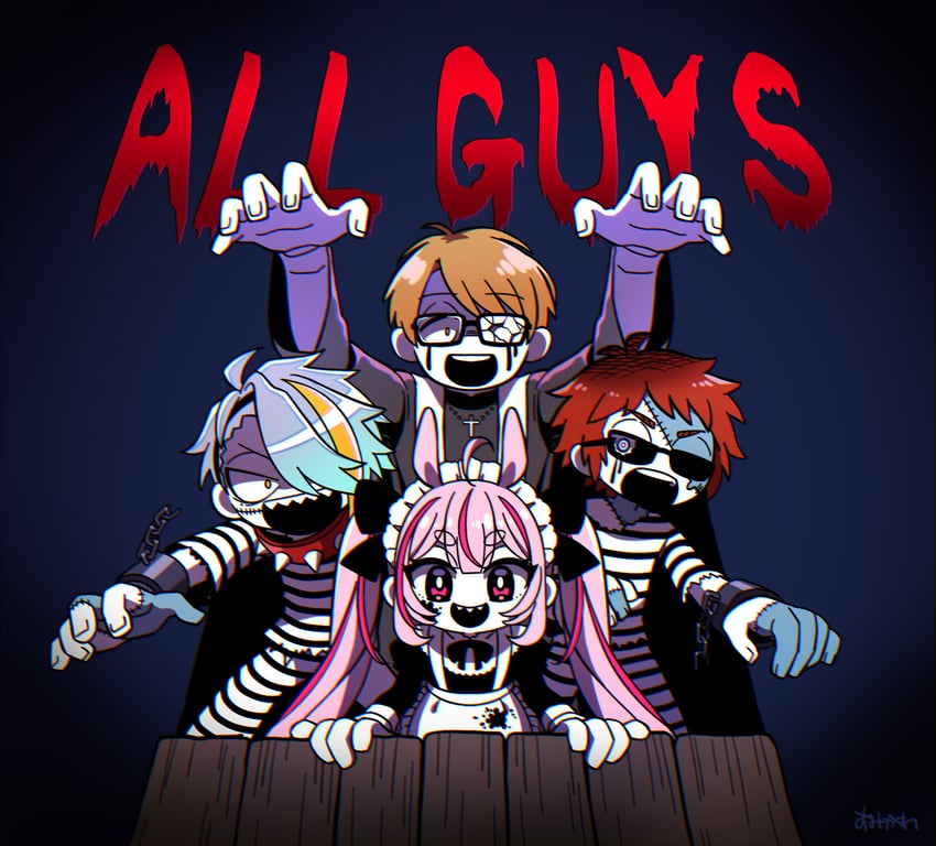 tomari mari, utai meika, tenkai tsukasa, and gatchmanv (indie virtual youtuber and 1 more) drawn by sumikawa_(sumikawa8v)