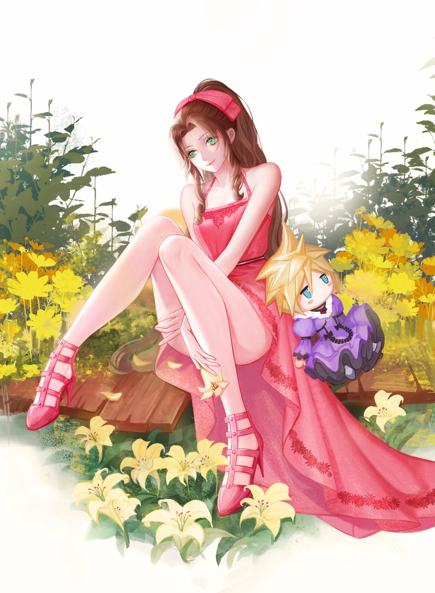 cloud strife and aerith gainsborough (final fantasy and 2 more) drawn by yaoko