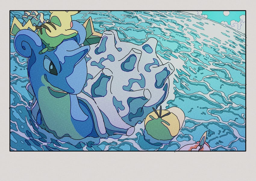 pikachu, psyduck, lapras, togepi, and goldeen (pokemon) drawn by onamuzi_illust