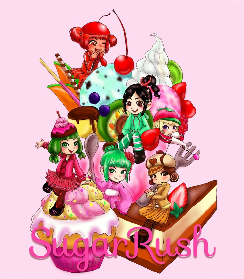 vanellope von schweetz, taffyta muttonfudge, candlehead, crumbelina di carmello, jubileena bing-bing, and 1 more (wreck-it ralph) drawn by happy-yotsubanokuro-ba-678