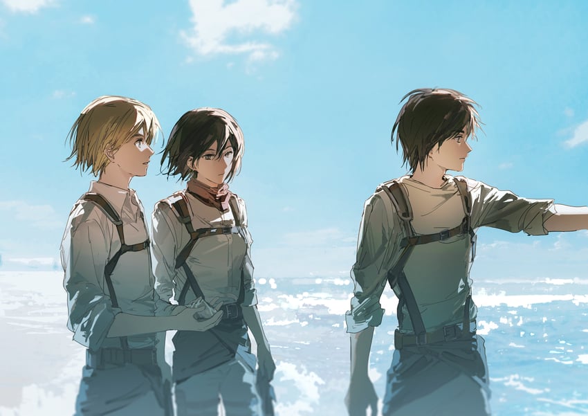 mikasa ackerman, eren yeager, and armin arlert (shingeki no kyojin) drawn by yuno_11_02