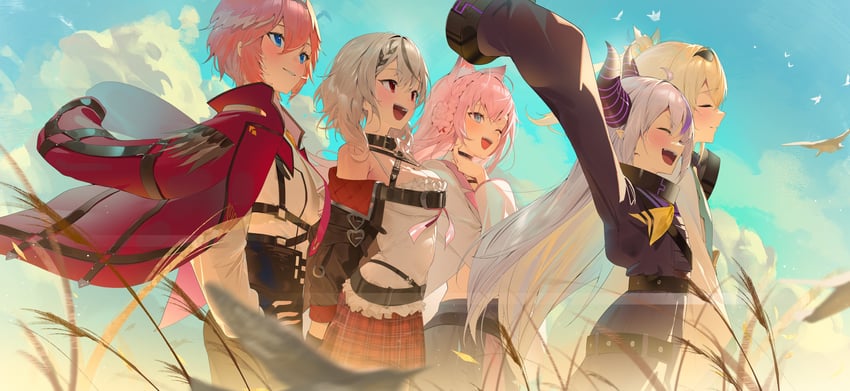 sakamata chloe, la+ darknesss, hakui koyori, kazama iroha, and takane lui (hololive) drawn by panda_0035