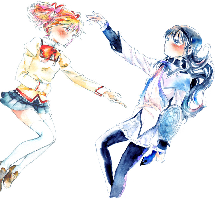 akemi homura and kaname madoka (mahou shoujo madoka magica) drawn by no+bi=