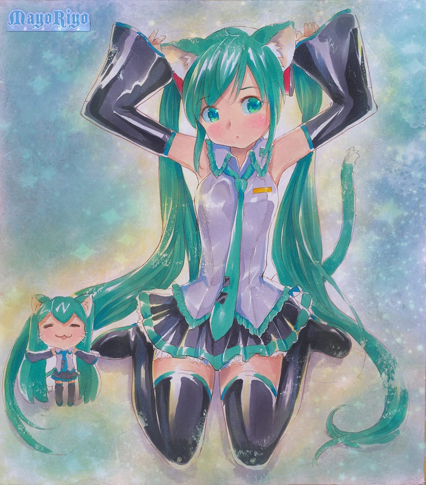 hatsune miku and chibi miku (vocaloid) drawn by mayo_riyo