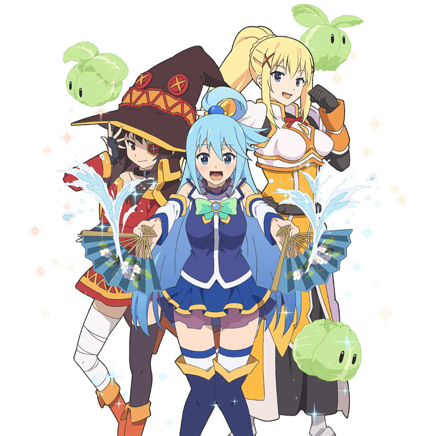 megumin, aqua, darkness, and cabbage (kono subarashii sekai ni shukufuku wo! and 1 more)