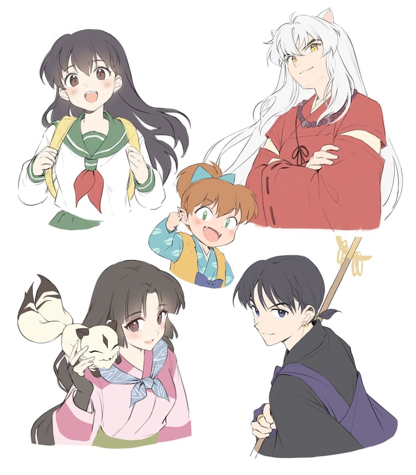 inuyasha, higurashi kagome, sango, miroku, kirara, and 1 more (inuyasha) drawn by ika_(4801055)