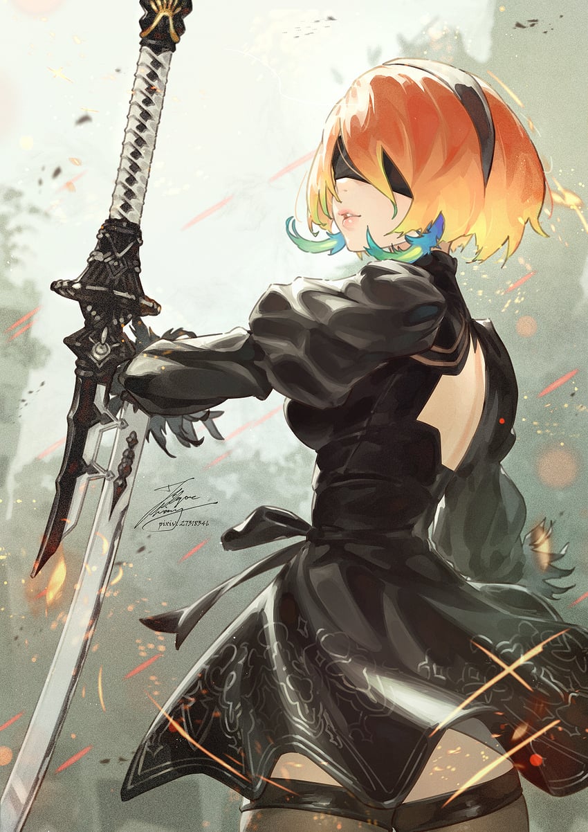 2b and takanashi kiara (hololive and 3 more) drawn by fadingz