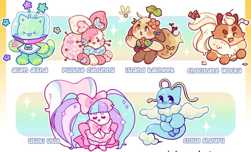aisha, cybunny, shoyru, alien aisha, kacheek, and 3 more (neopets) drawn by jaltoid