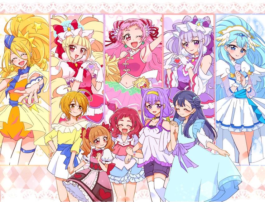 nono hana, yakushiji saaya, ruru amour, aisaki emiru, cure yell, and 5 more (precure and 1 more) drawn by yoshino_(gunform)