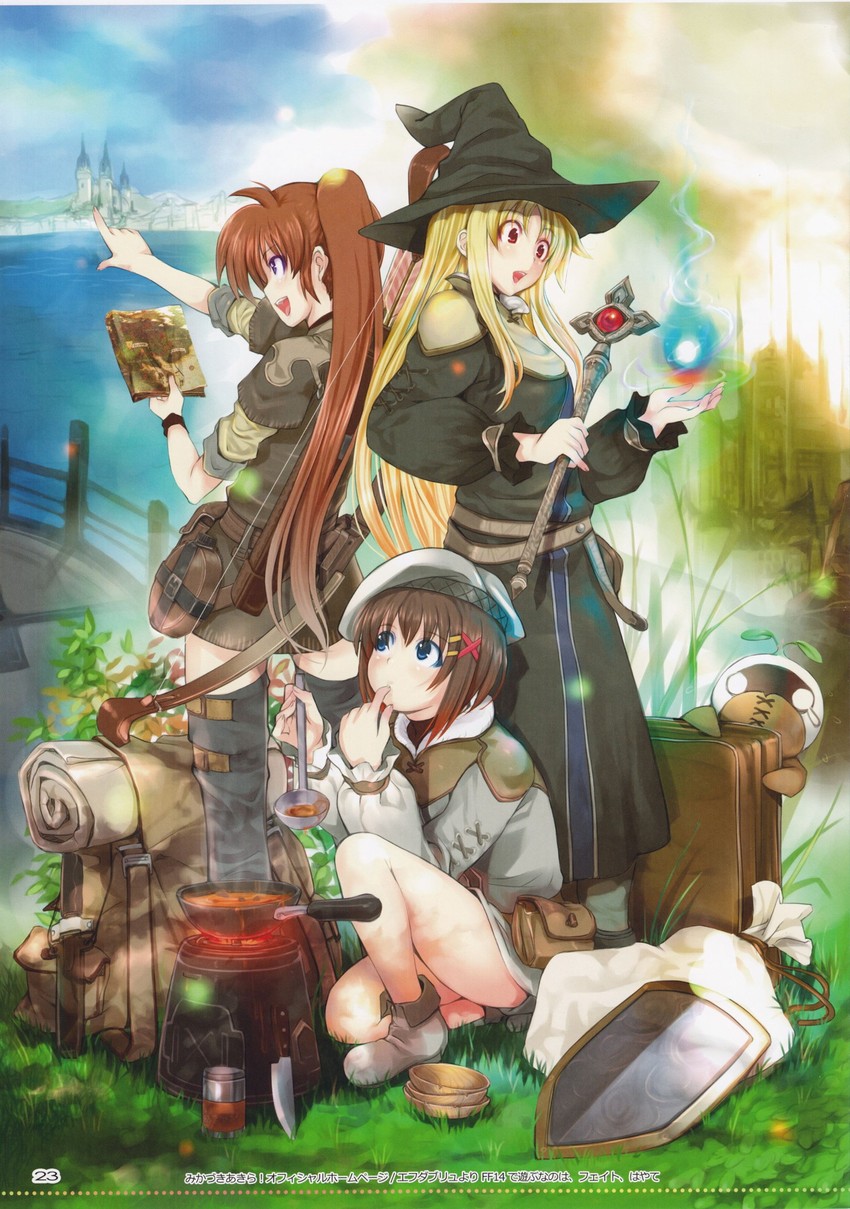 warrior of light, fate testarossa, takamachi nanoha, yagami hayate, and mandragora (final fantasy and 4 more) drawn by mikazuki_akira!