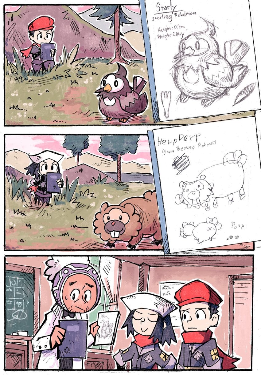 akari, rei, starly, bidoof, and professor laventon (pokemon and 1 more) drawn by setz