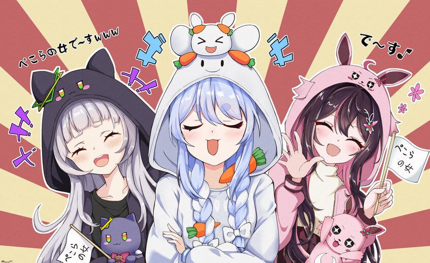 usada pekora, murasaki shion, azki, pekomon, shiokko, and 1 more (hololive) drawn by from-moon
