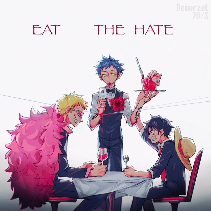 monkey d. luffy, trafalgar law, and donquixote doflamingo (one piece) drawn by demorzel