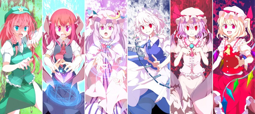 remilia scarlet, flandre scarlet, izayoi sakuya, patchouli knowledge, hong meiling, and 1 more (touhou and 1 more) drawn by oouso