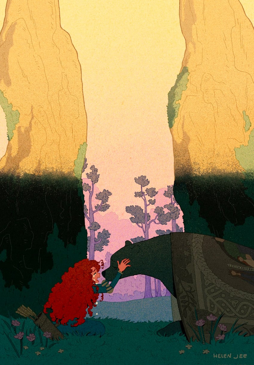 merida, cairn, and elinor (brave) drawn by helen_jee