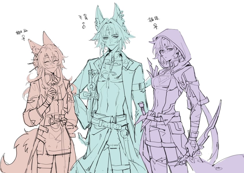 feixiao, jiaoqiu, and moze (honkai and 1 more) drawn by hsgbjisuw
