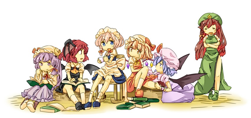 remilia scarlet, flandre scarlet, izayoi sakuya, patchouli knowledge, hong meiling, and 1 more (touhou) drawn by hisui_(kimochi)