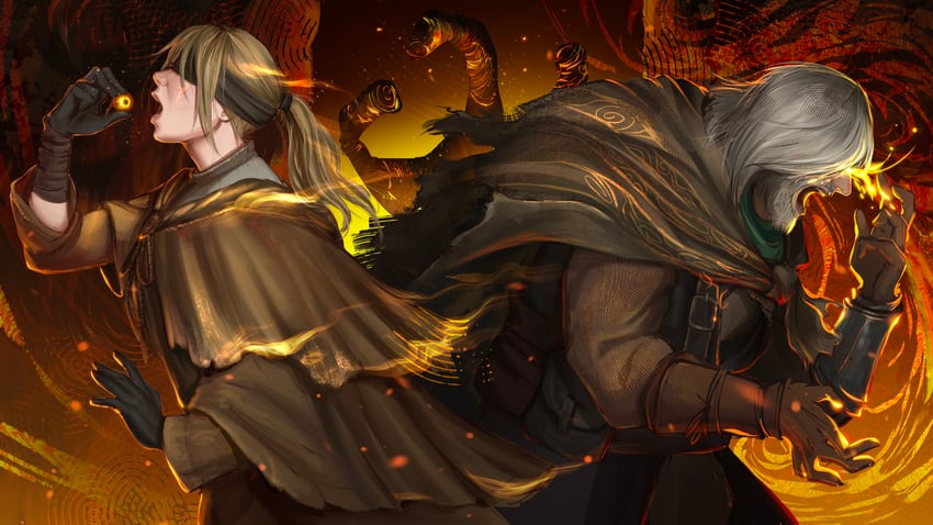 finger maiden hyetta, bloody finger hunter yura, three fingers, and shabriri (elden ring) drawn by dovahcaine