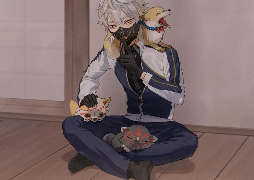 nakigitsune, nakigitsune's fox, konnosuke, and kuronosuke (touken ranbu) drawn by serota