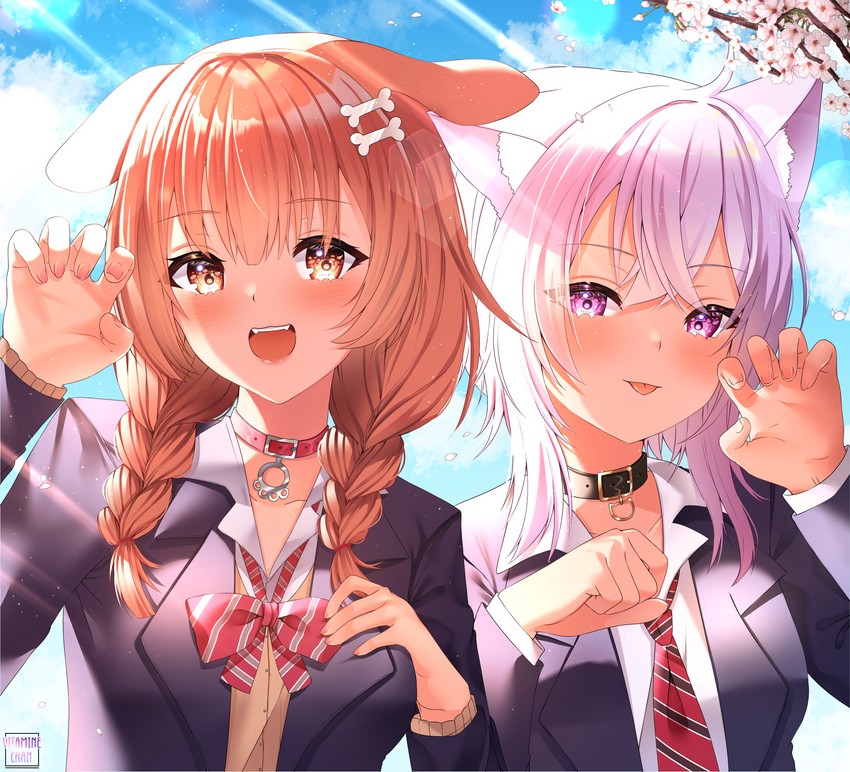 nekomata okayu and inugami korone (hololive) drawn by vitaminechan