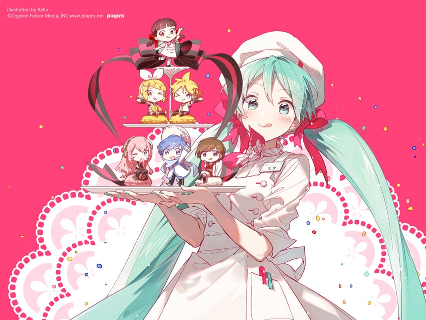 hatsune miku, kagamine rin, kagamine len, megurine luka, kaito, and 2 more (vocaloid and 1 more) drawn by rella