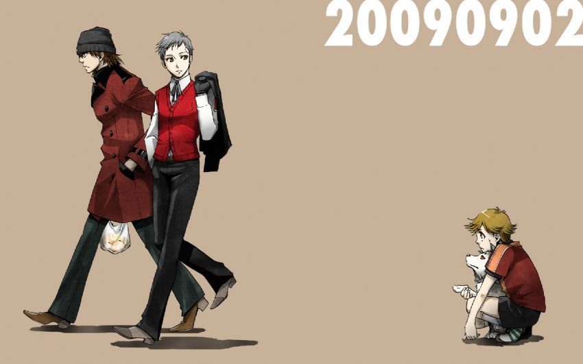 sanada akihiko, aragaki shinjirou, amada ken, and koromaru (persona and 1 more) drawn by emarijji_makoi