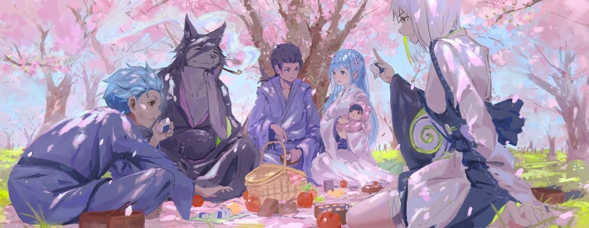 rem, natsuki subaru, natsuki rigel, natsuki spica, zarestia, and 1 more (re:zero kara hajimeru isekai seikatsu and 1 more) drawn by ro_ka_ro_ka