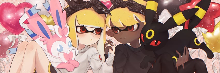 inkling player character, inkling girl, inkling boy, sylveon, and umbreon (pokemon and 1 more) drawn by oekk_8
