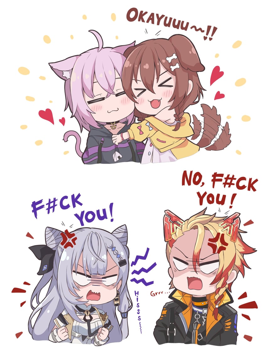 nekomata okayu, inugami korone, vestia zeta, and axel syrios (hololive and 3 more) drawn by aruvian13