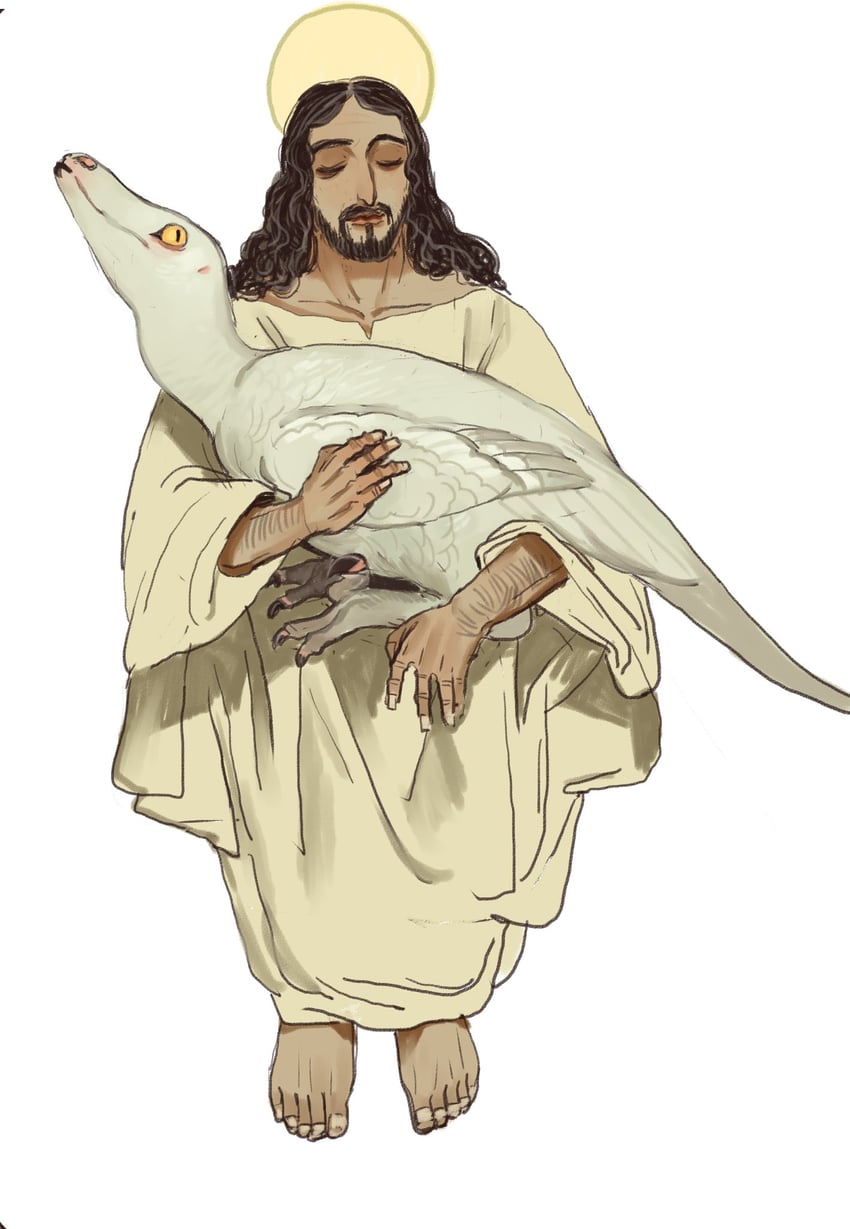 jesus and raptor jesus (the bible and 1 more) drawn by mossacannibalis