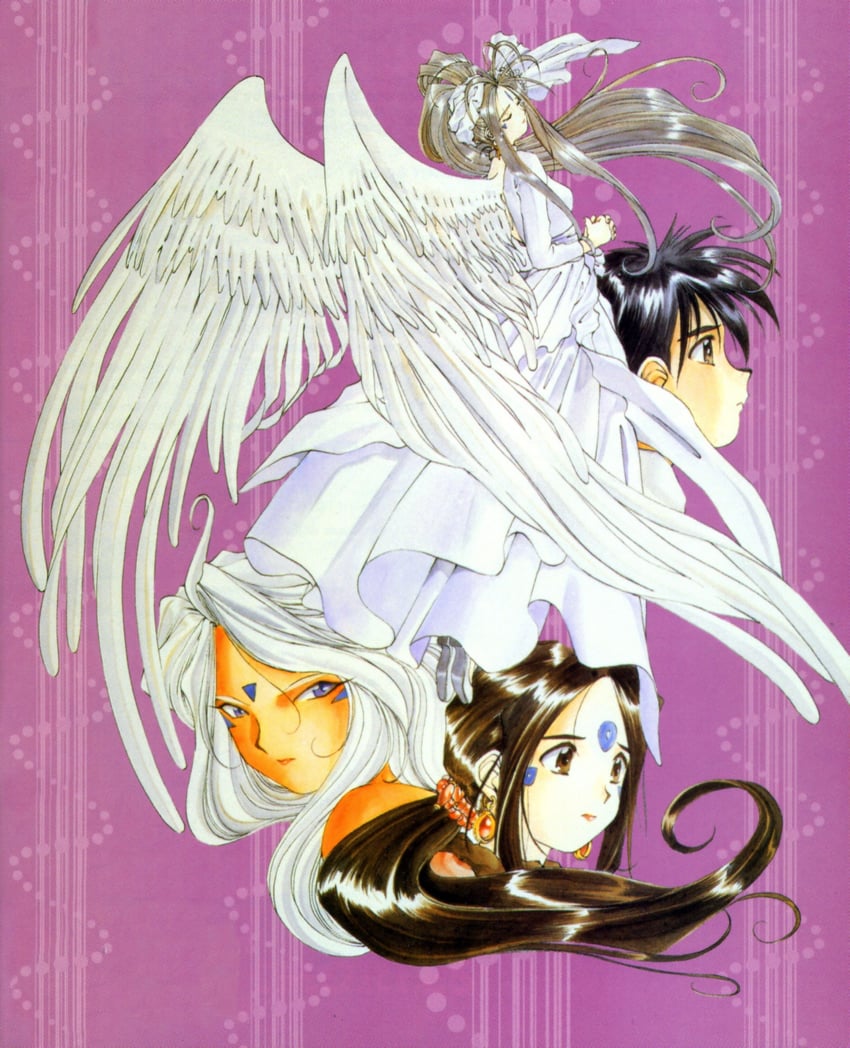 belldandy, urd, skuld, and morisato keiichi (aa megami-sama) drawn by fujishima_kousuke