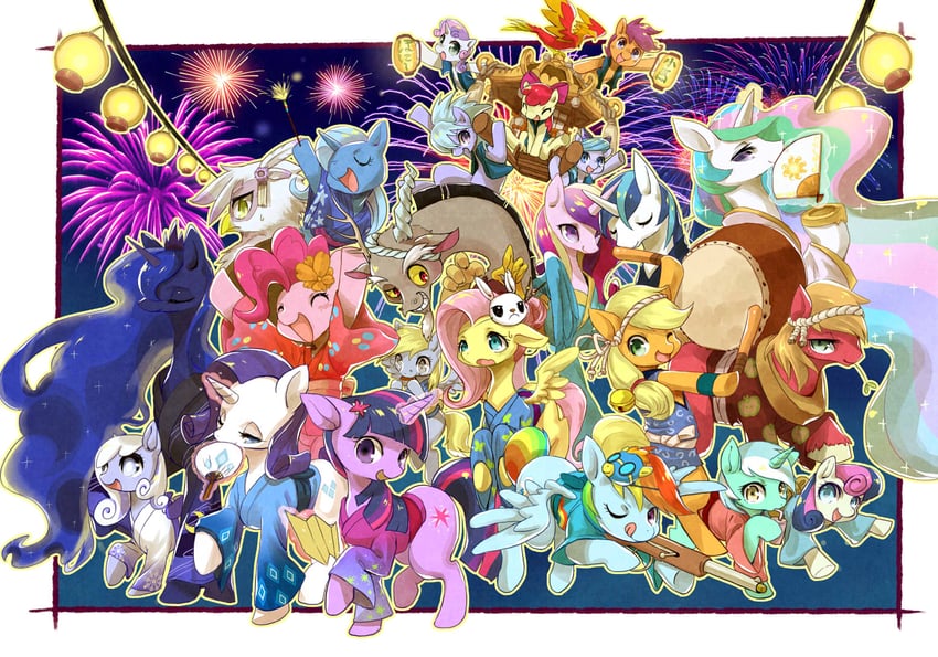 twilight sparkle, fluttershy, rainbow dash, pinkie pie, applejack, and 21 more (original and 2 more) drawn by yoo_oona
