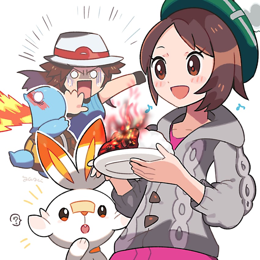 gloria, leaf, scorbunny, and squirtle (pokemon and 2 more) drawn by yasaikakiage