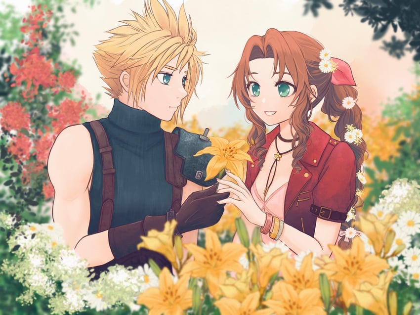 cloud strife and aerith gainsborough (final fantasy and 2 more) drawn by lenak