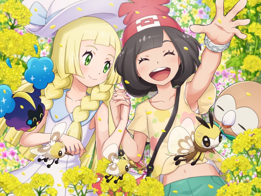 lillie, selene, rowlet, cosmog, cutiefly, and 1 more (pokemon and 1 more) drawn by pokemoa