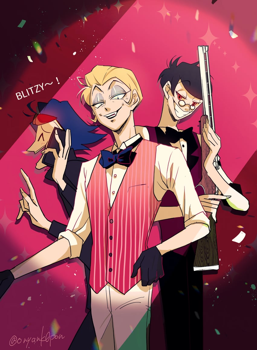 lucifer morningstar, alastor, and stolas (hazbin hotel and 1 more) drawn by kin_(58n58n58n)