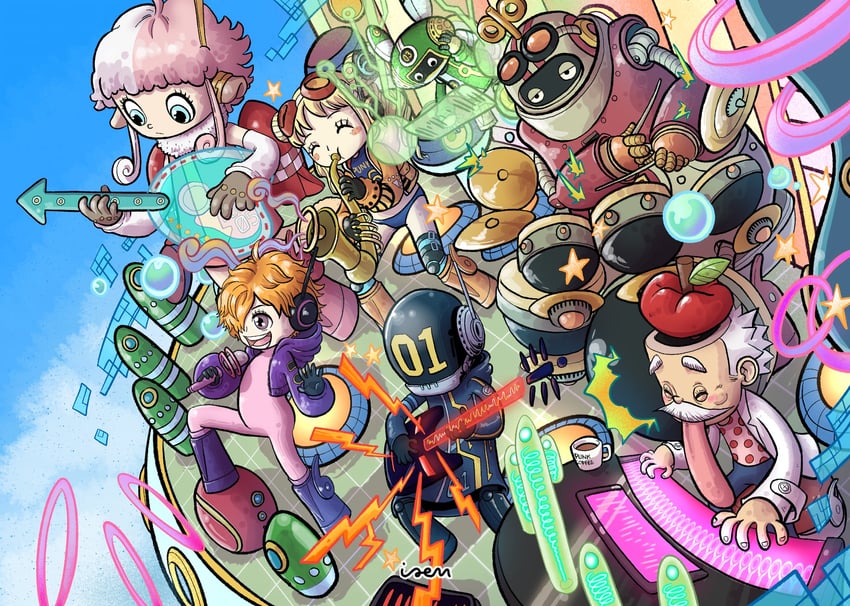 vegapunk lilith, vegapunk york, dr. vegapunk, vegapunk atlas, vegapunk shaka, and 2 more (one piece) drawn by audipriatna
