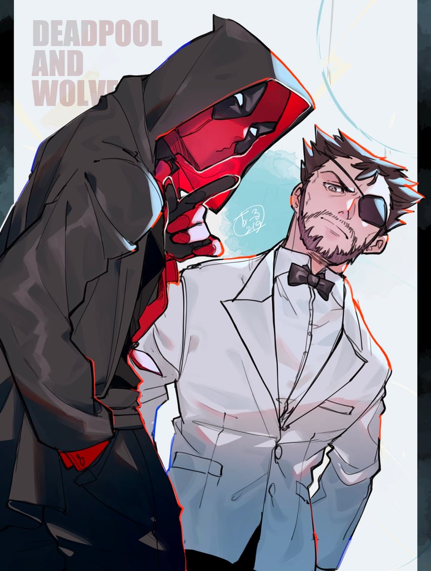 wolverine, deadpool, and patch (marvel and 4 more) drawn by momoi_housuke