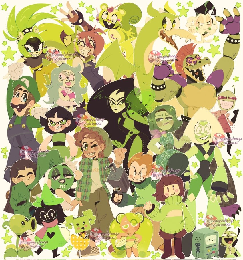 luigi, chara, buttercup, ralsei, shego, and 19 more (mario and 26 more) drawn by honguito